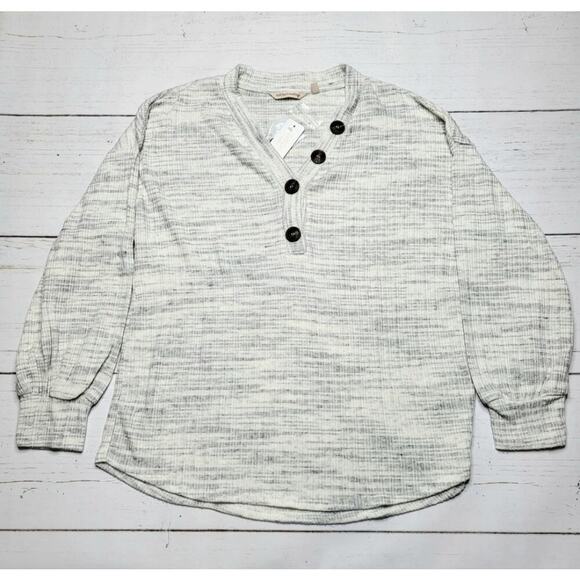 Soft Surroundings Jules Thermal Top Ivory Grey Gray Ribbed Button V Neck Medium - Picture 1 of 7